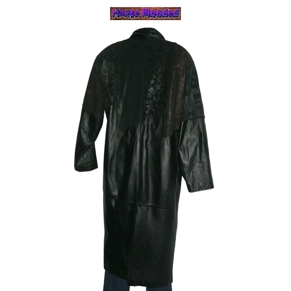 Vintage 90's Long Black Leather Trench Coat Holographic Boho Print Floor Length - Picture 8 of 15